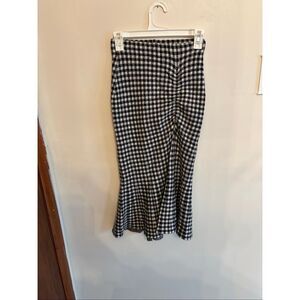 Plastic Island Buffalo Plaid Midi Skirt Black White Cinched Waist Small Stretch